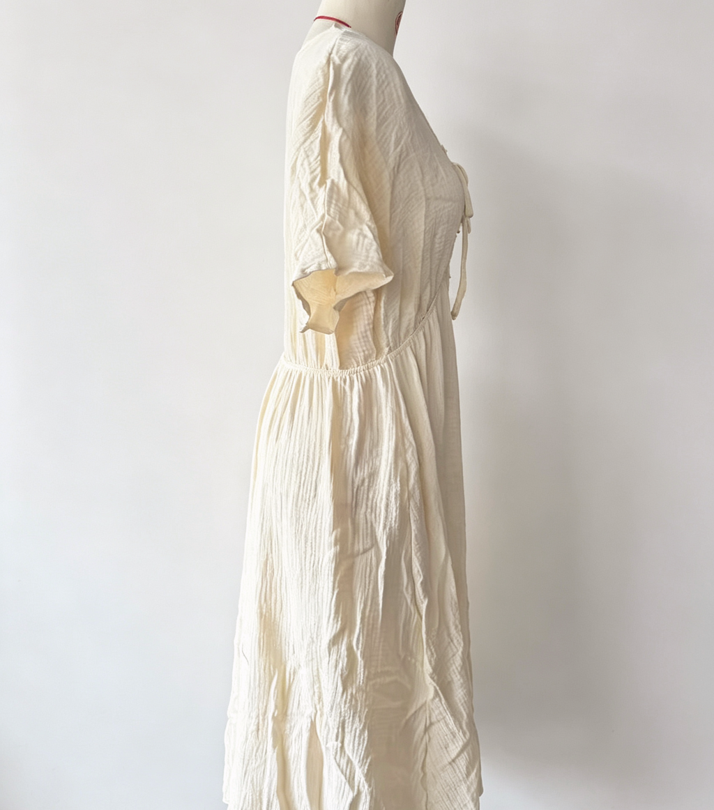 Crinkle Texture Tie Front Maxi Dress - Begie - 4