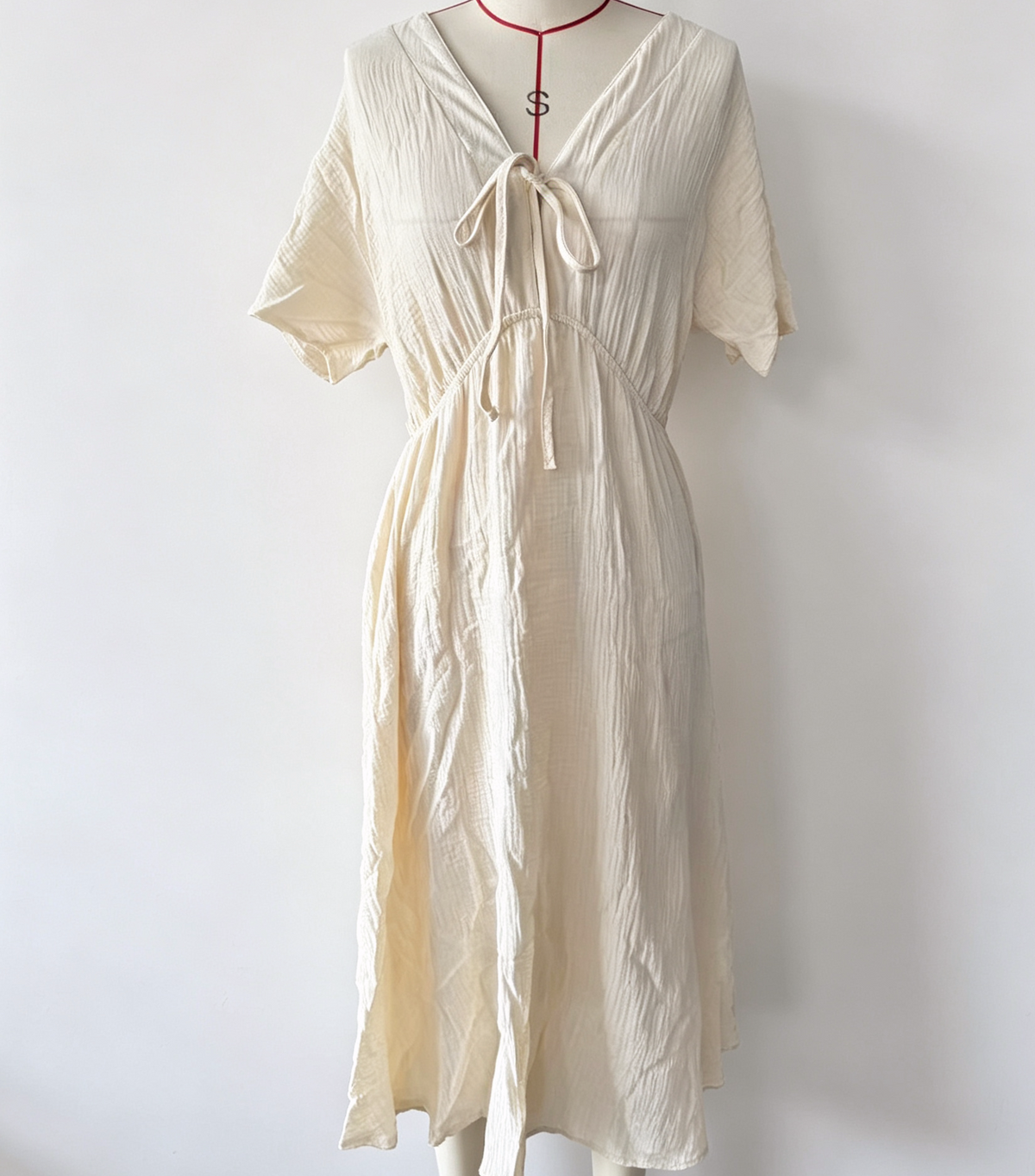 Crinkle Texture Tie Front Maxi Dress - Begie - 5