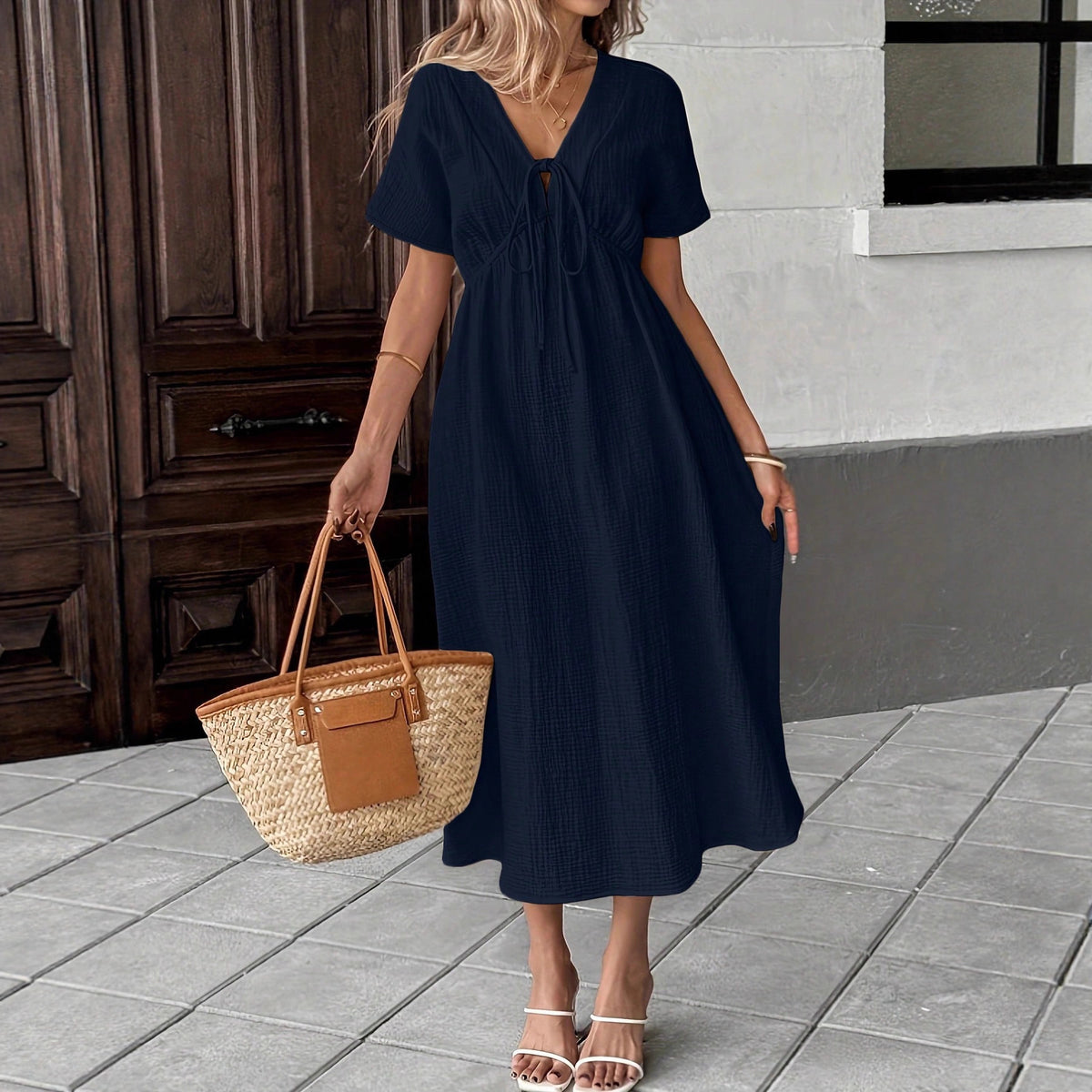 Crinkle Texture Tie Front Maxi Dress - Navyblue - 1