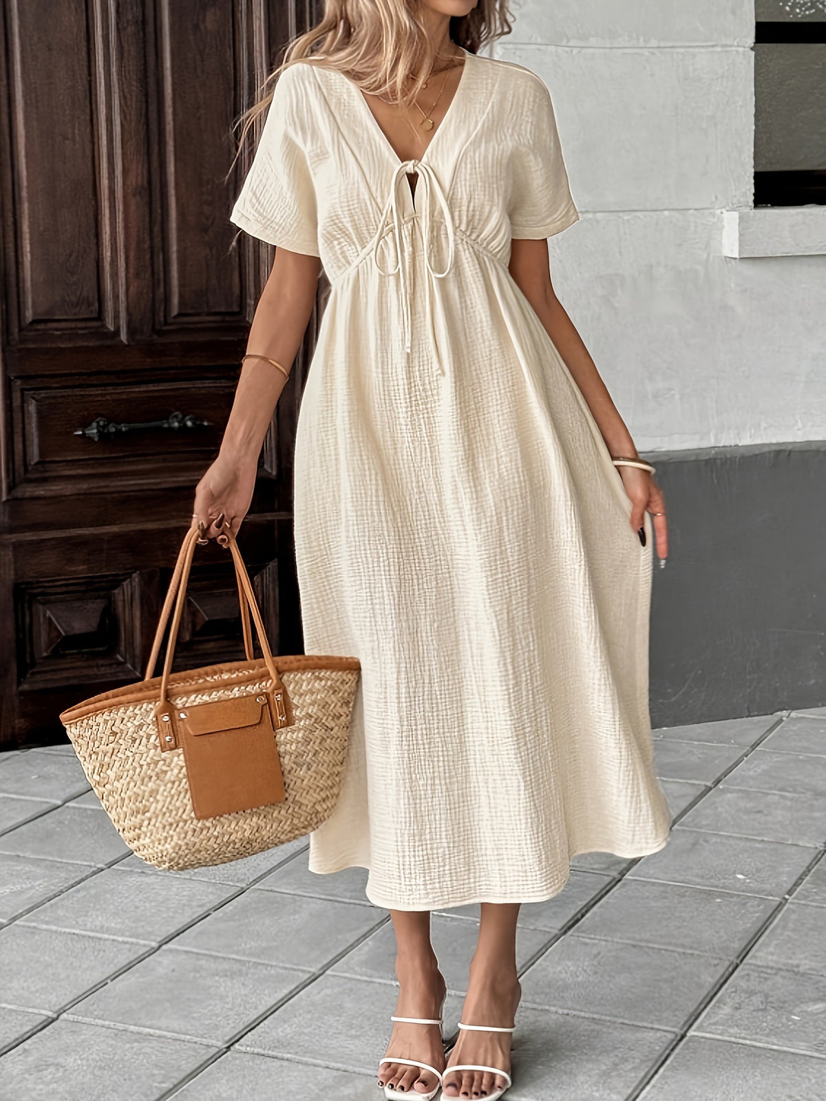 Crinkle Texture Tie Front Maxi Dress