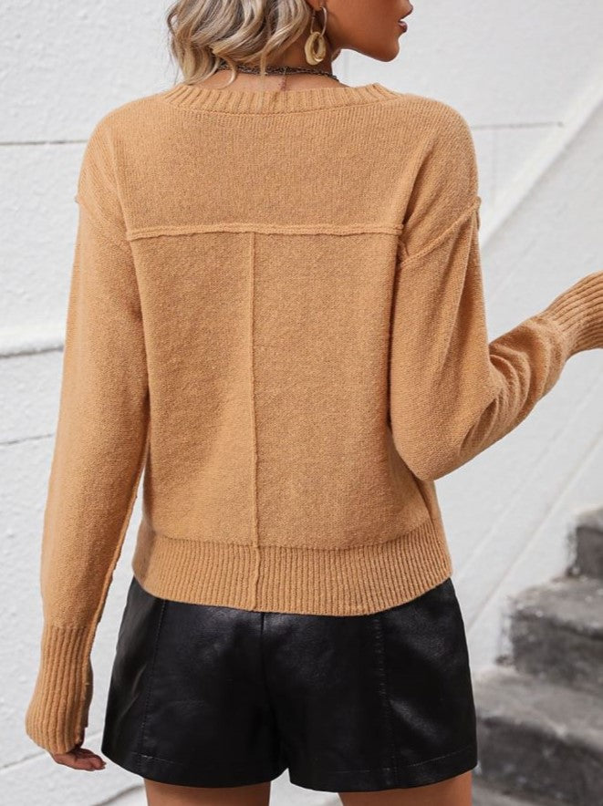 Deep V Neck Slouchy Rib Cuff Sweater - Camel - 3