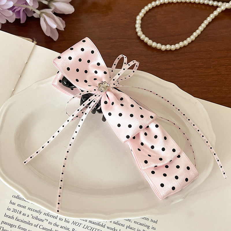 Dotted Ribbon Bow Banana Clip Barrette - Pink
