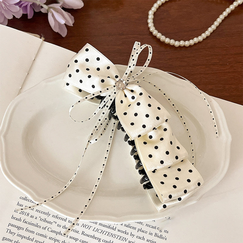 Dotted Ribbon Bow Banana Clip Barrette - White