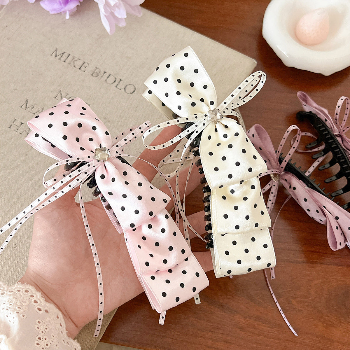 Dotted Ribbon Bow Banana Clip Barrette - view 1