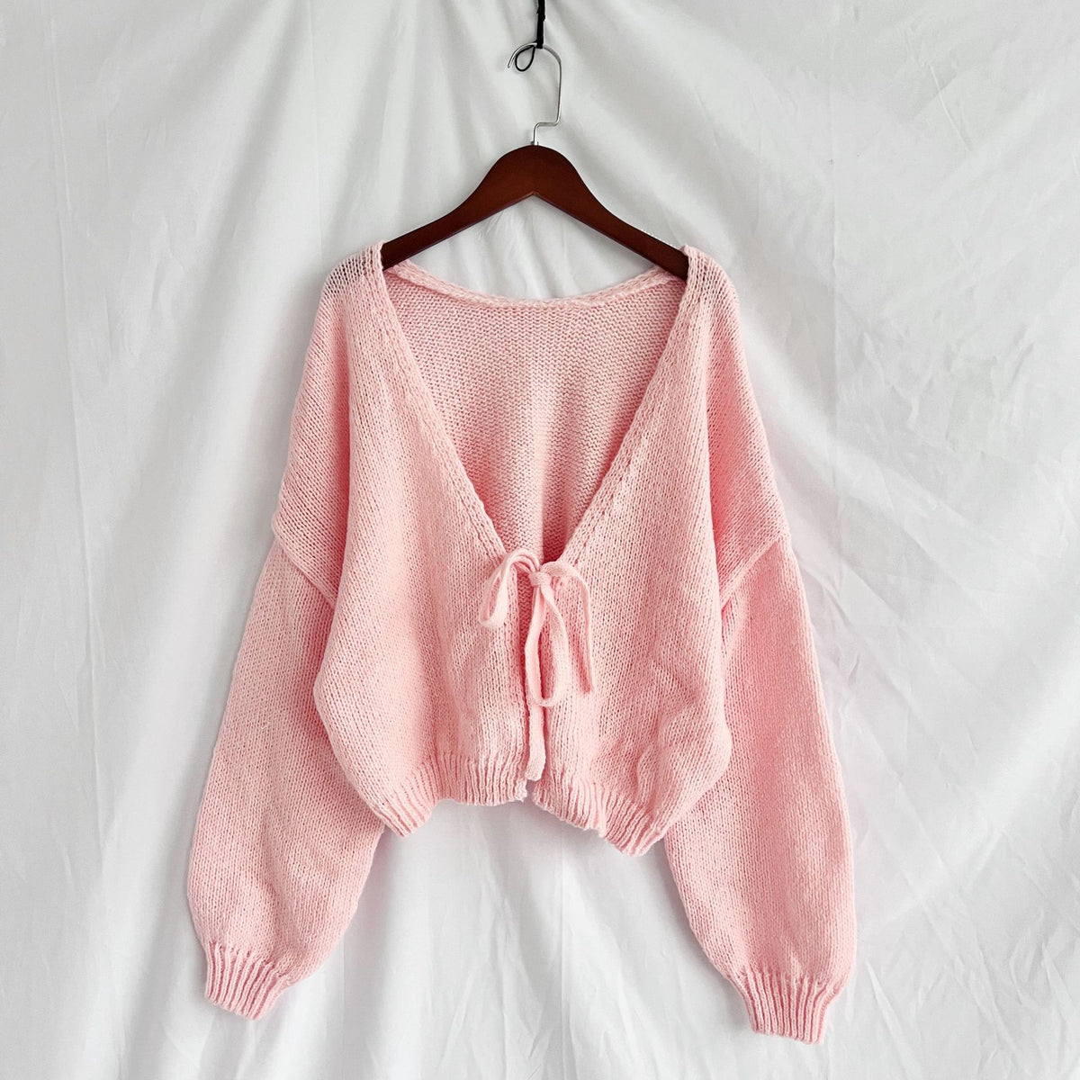 Tie Front Reversible Cropped Knit Cardigan - Pink