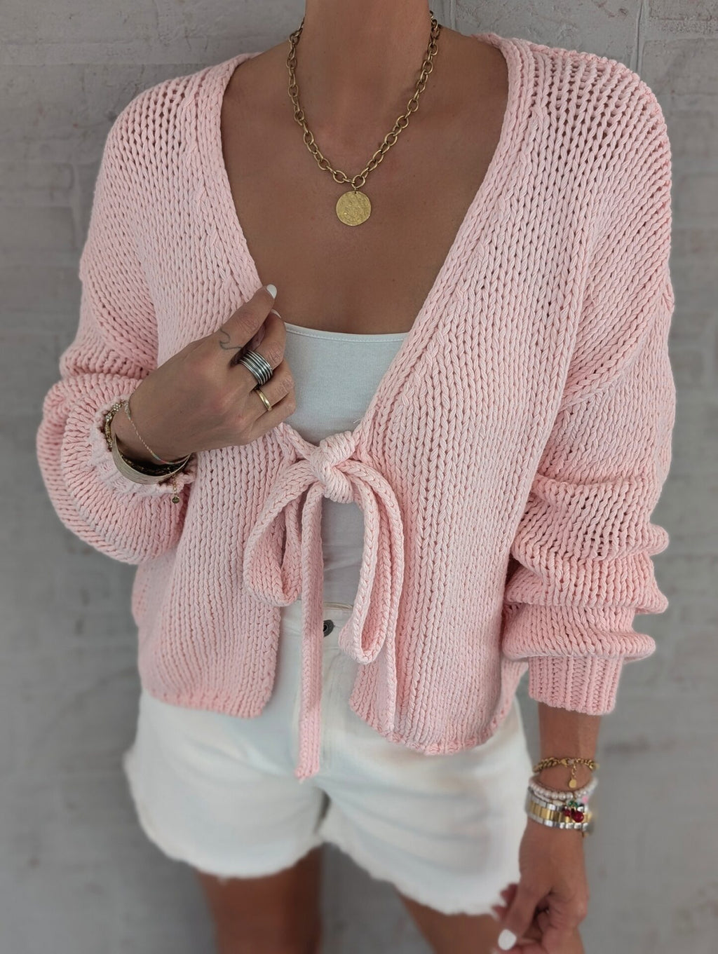 Tie Front Reversible Cropped Knit Cardigan - Pink - 1