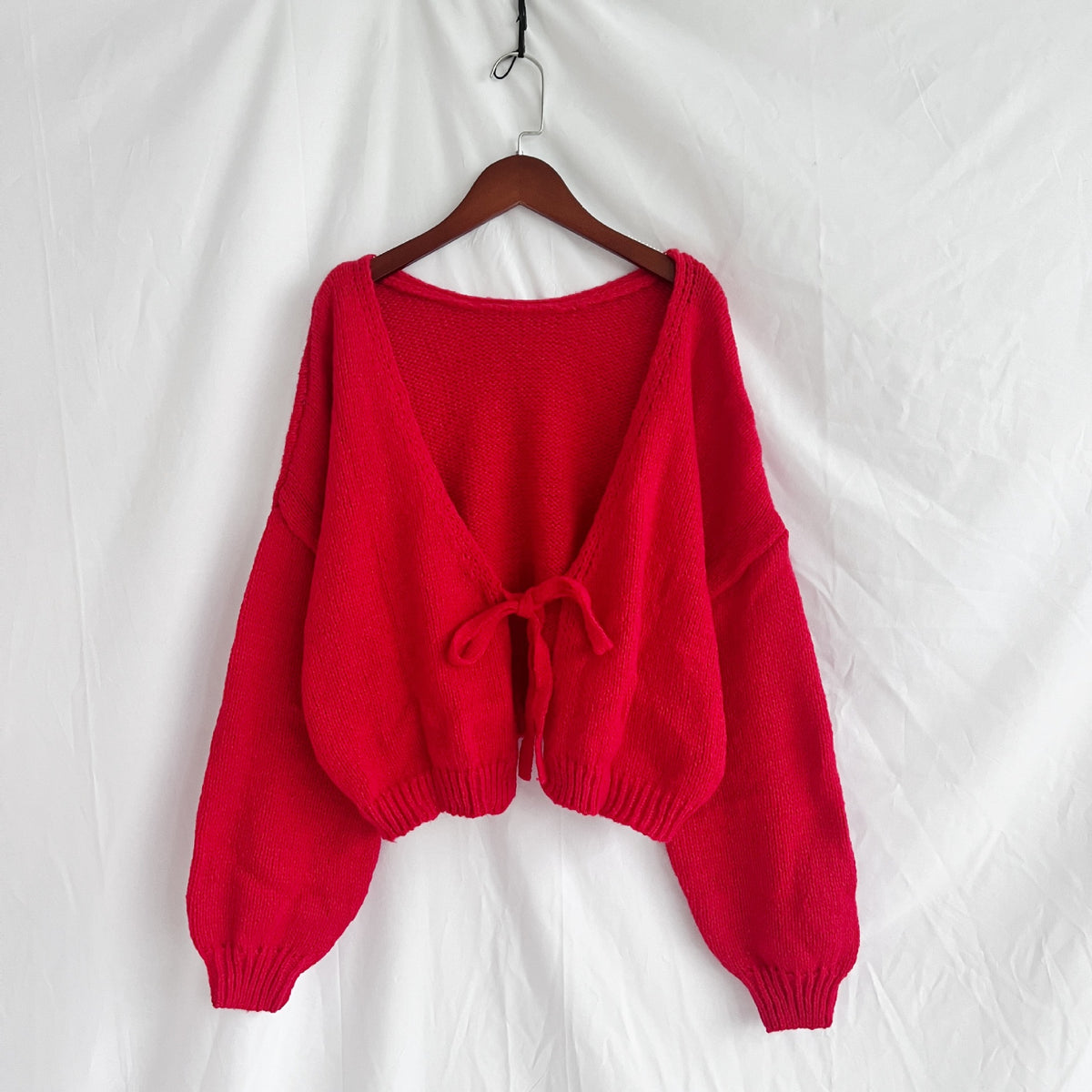 Tie Front Reversible Cropped Knit Cardigan - Red