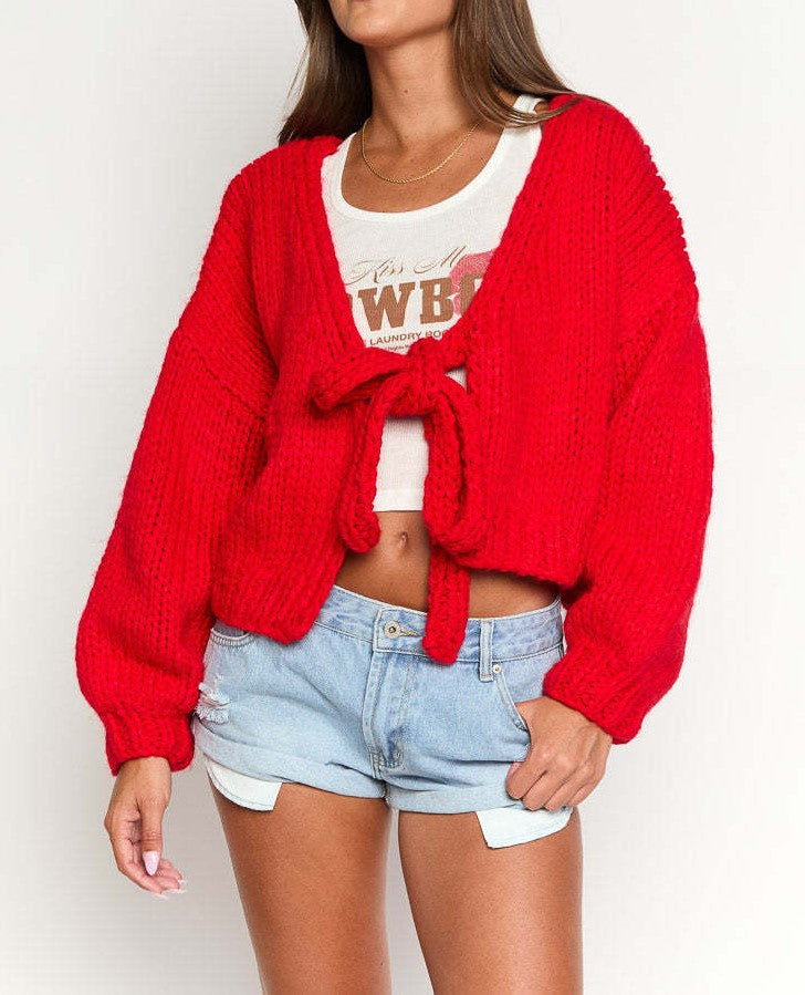 Tie Front Reversible Cropped Knit Cardigan - Red - 1