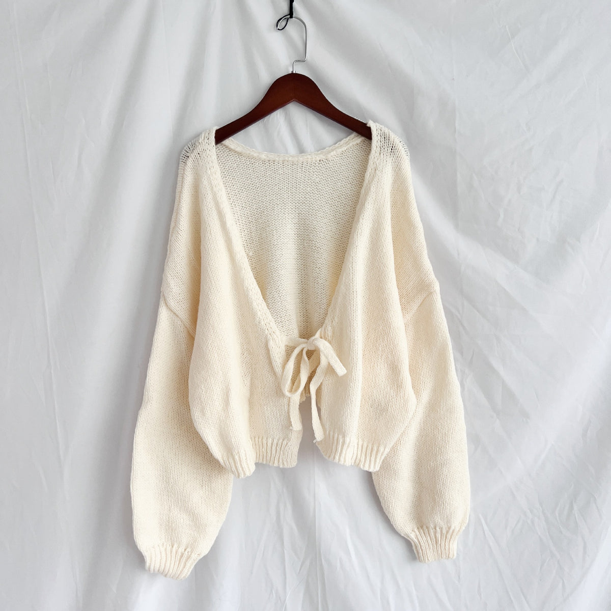 Tie Front Reversible Cropped Knit Cardigan - White