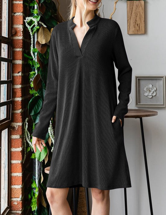 Split Neck Pocket Swing Dress - Black