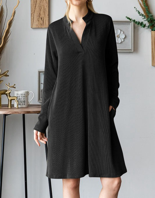 Split Neck Pocket Swing Dress - Black - 1