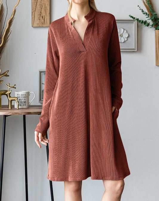 Split Neck Pocket Swing Dress - Brown