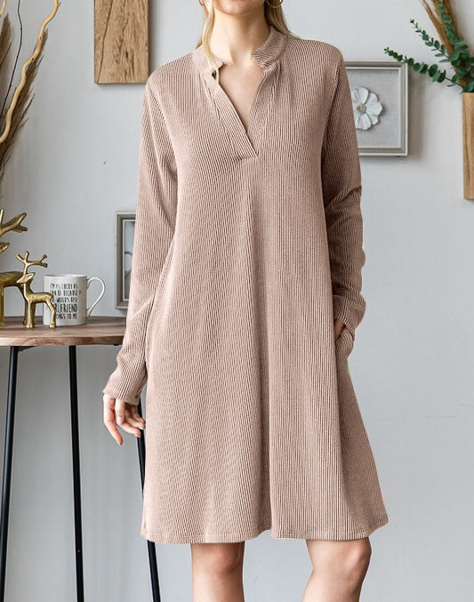 Split Neck Pocket Swing Dress - Khaki