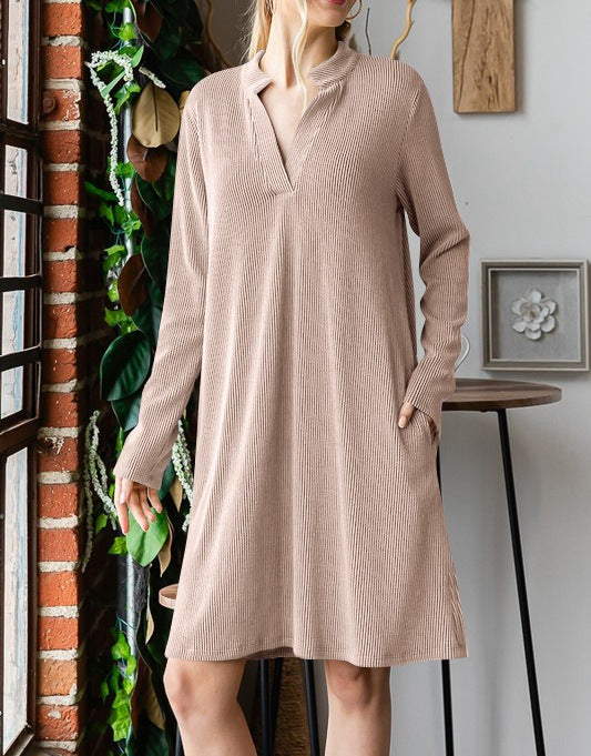 Split Neck Pocket Swing Dress - Khaki - 1