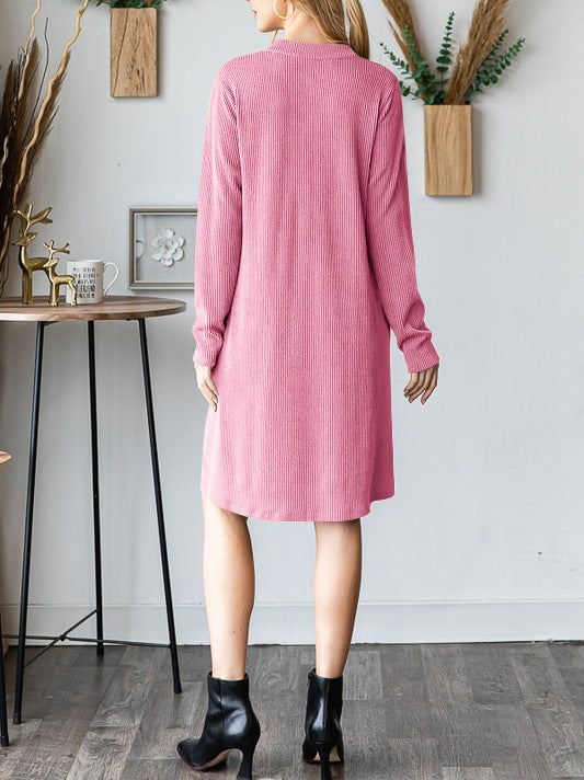 Split Neck Pocket Swing Dress - Pink - 1