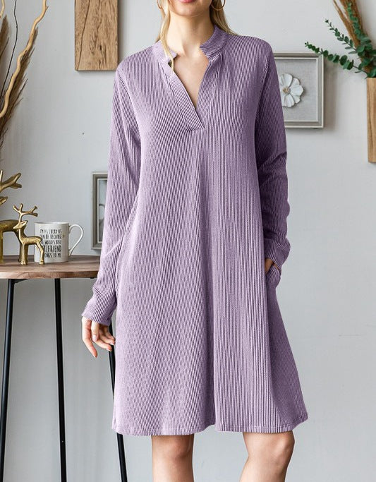 Split Neck Pocket Swing Dress - Purple