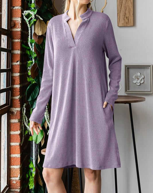 Split Neck Pocket Swing Dress - Purple - 1