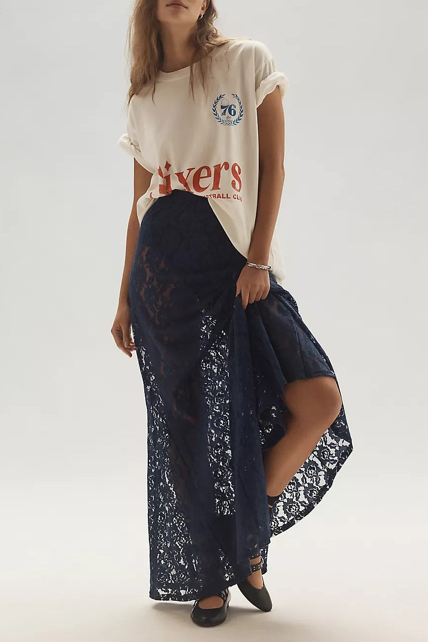 Semi Sheer Lace Godet Maxi Skirt - dark