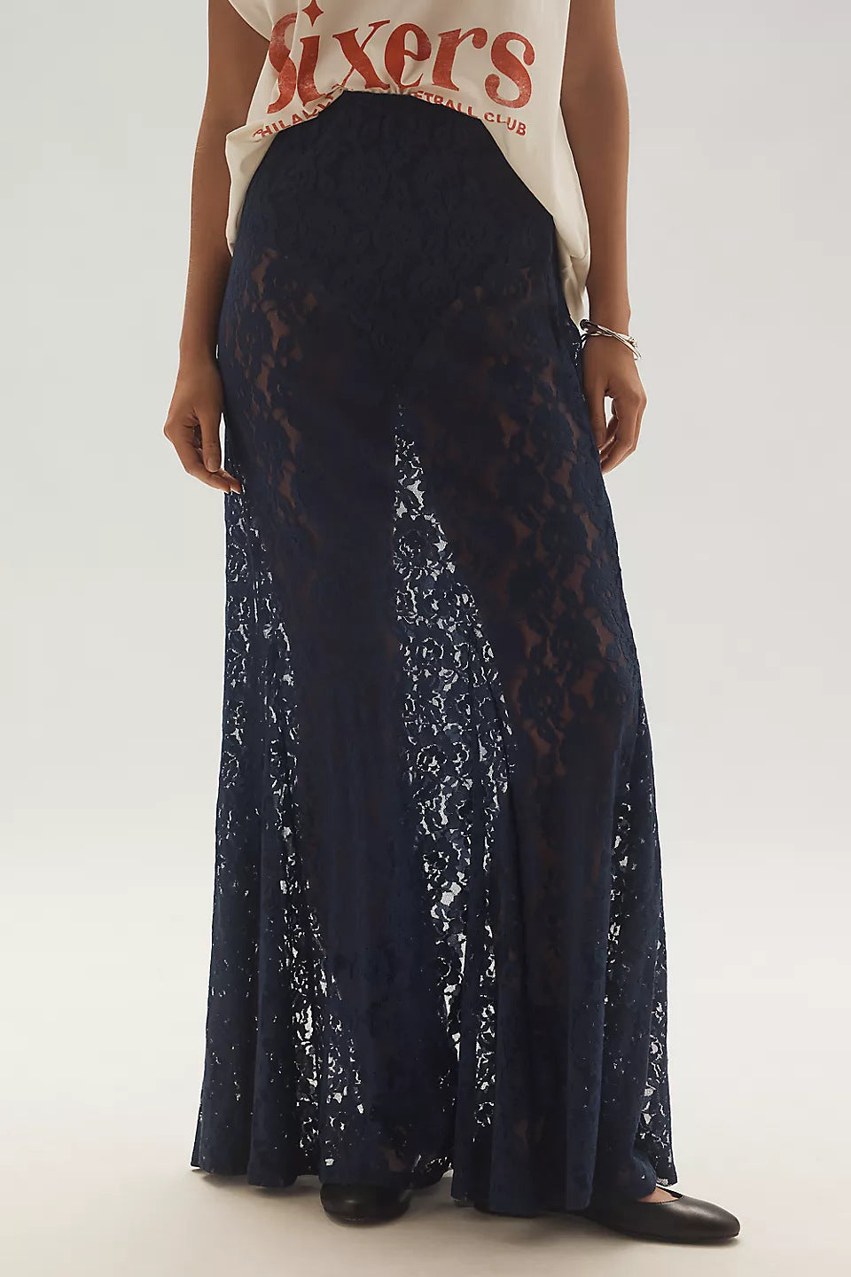 Semi Sheer Lace Godet Maxi Skirt - dark - 1