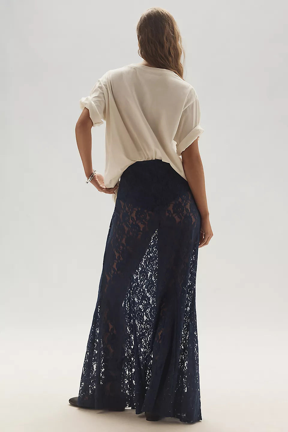 Semi Sheer Lace Godet Maxi Skirt - dark - 2