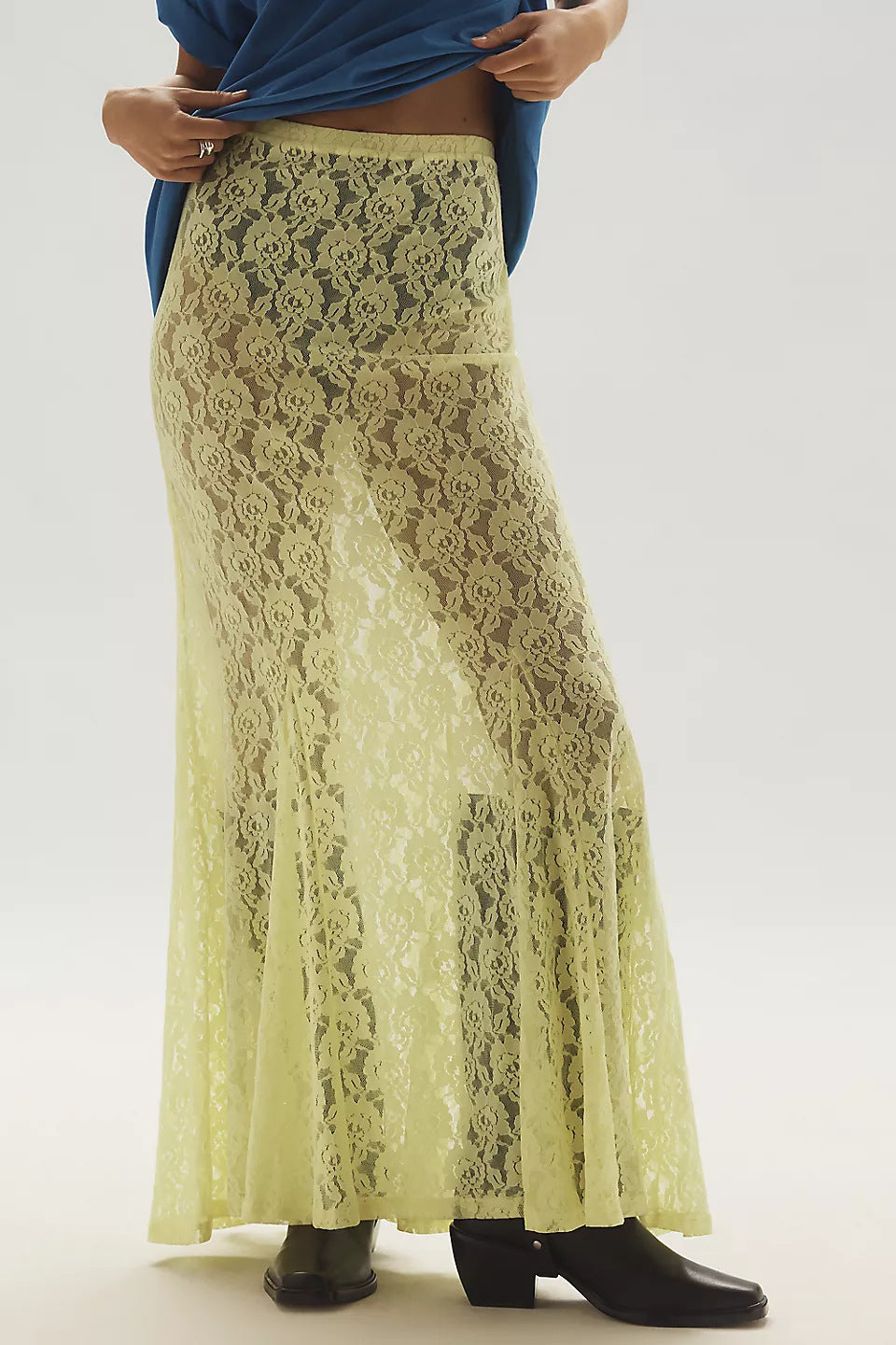 Semi Sheer Lace Godet Maxi Skirt - yellow
