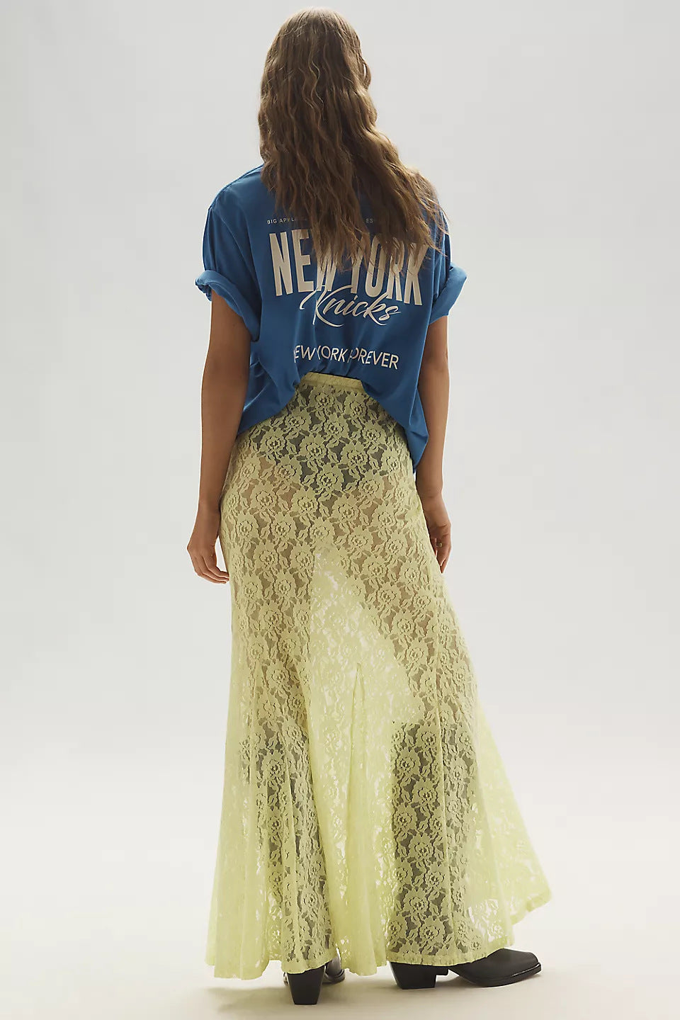 Semi Sheer Lace Godet Maxi Skirt - yellow - 2