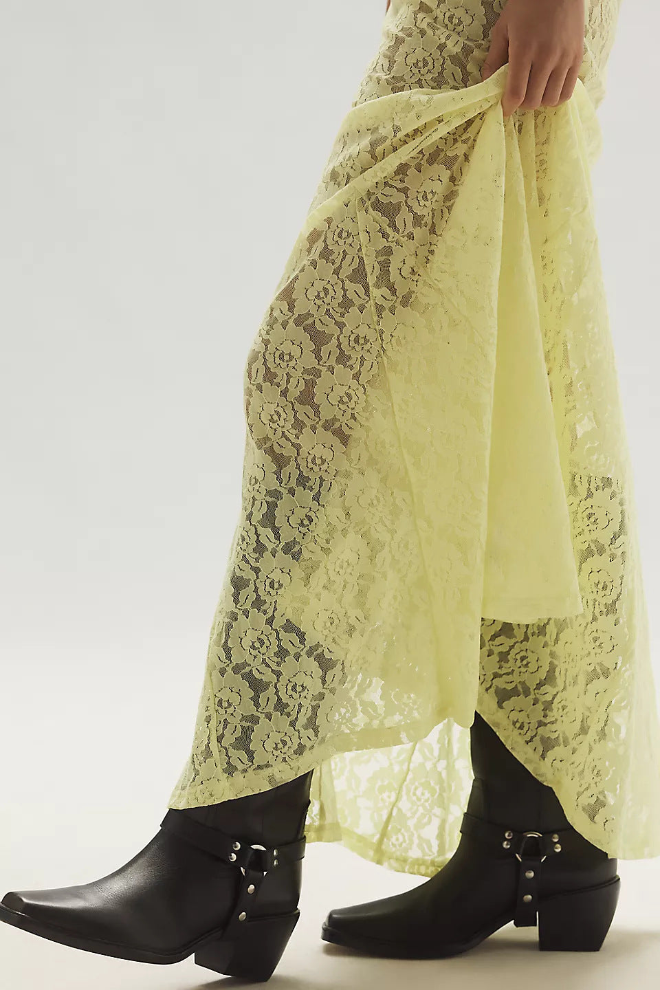 Semi Sheer Lace Godet Maxi Skirt - yellow - 3