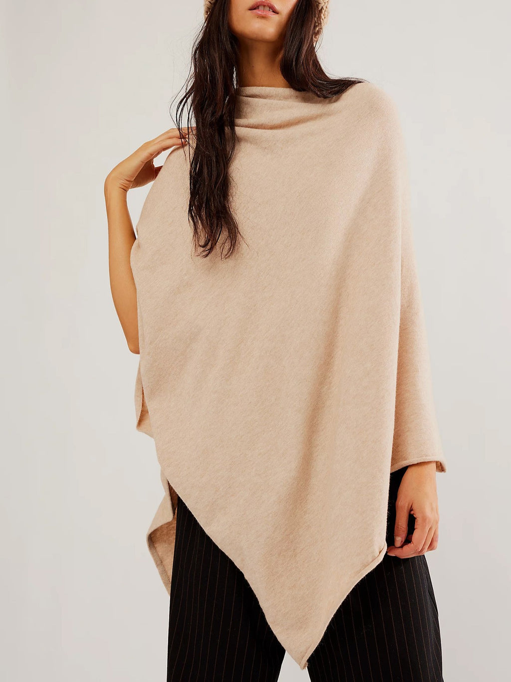 Asymmetric Knit Poncho Cape - Apricot