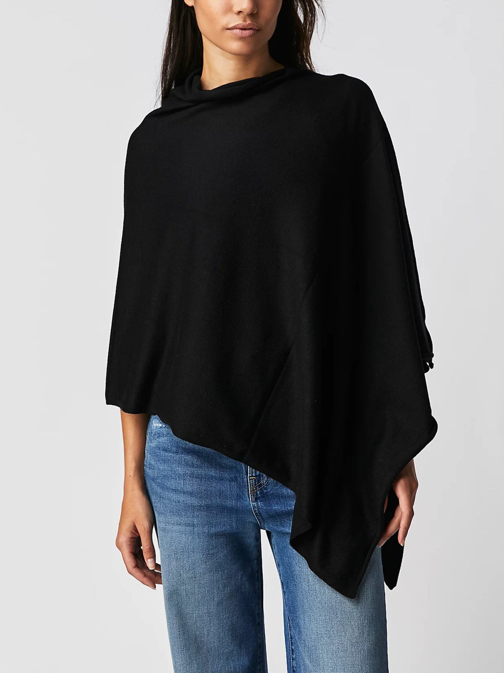 Asymmetric Knit Poncho Cape - Black