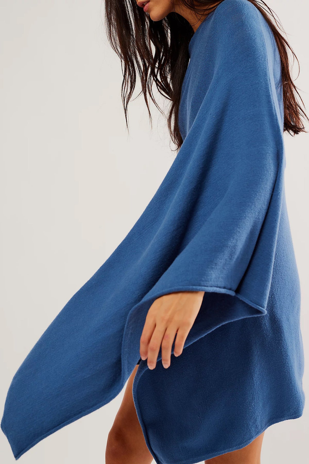 Asymmetric Knit Poncho Cape - Blue - 1