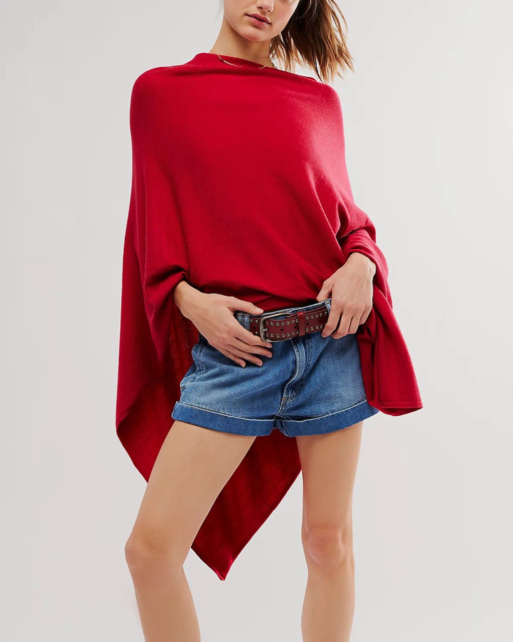 Asymmetric Knit Poncho Cape - Red