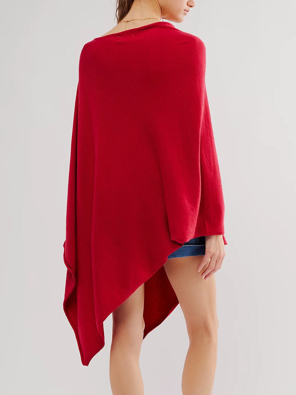 Asymmetric Knit Poncho Cape - Red - 1