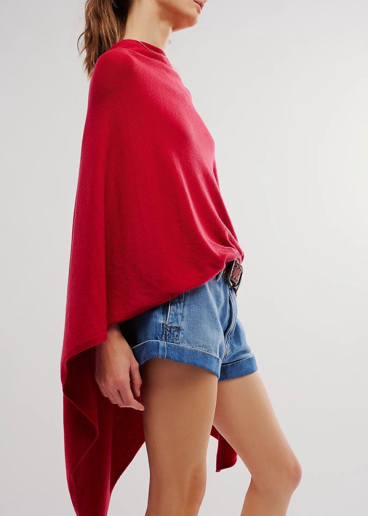Asymmetric Knit Poncho Cape - Red - 2