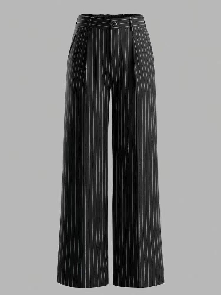 Pinstripe Wide Leg Tailored Office Pants - Black