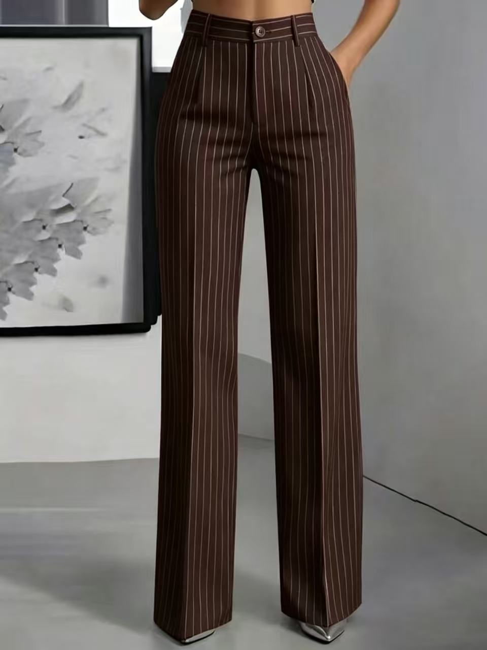 Pinstripe Wide Leg Tailored Office Pants - Coffee