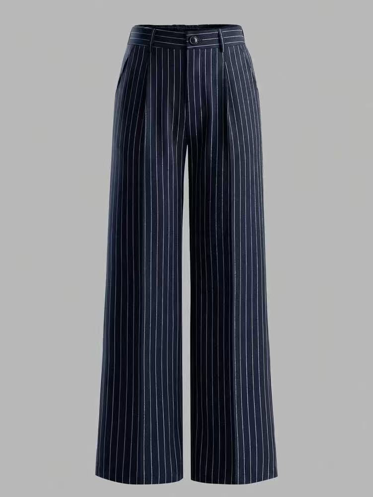 Pinstripe Wide Leg Tailored Office Pants - DarkBlue