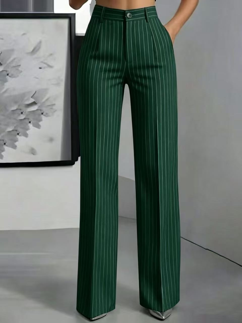 Pinstripe Wide Leg Tailored Office Pants - DarkGreen