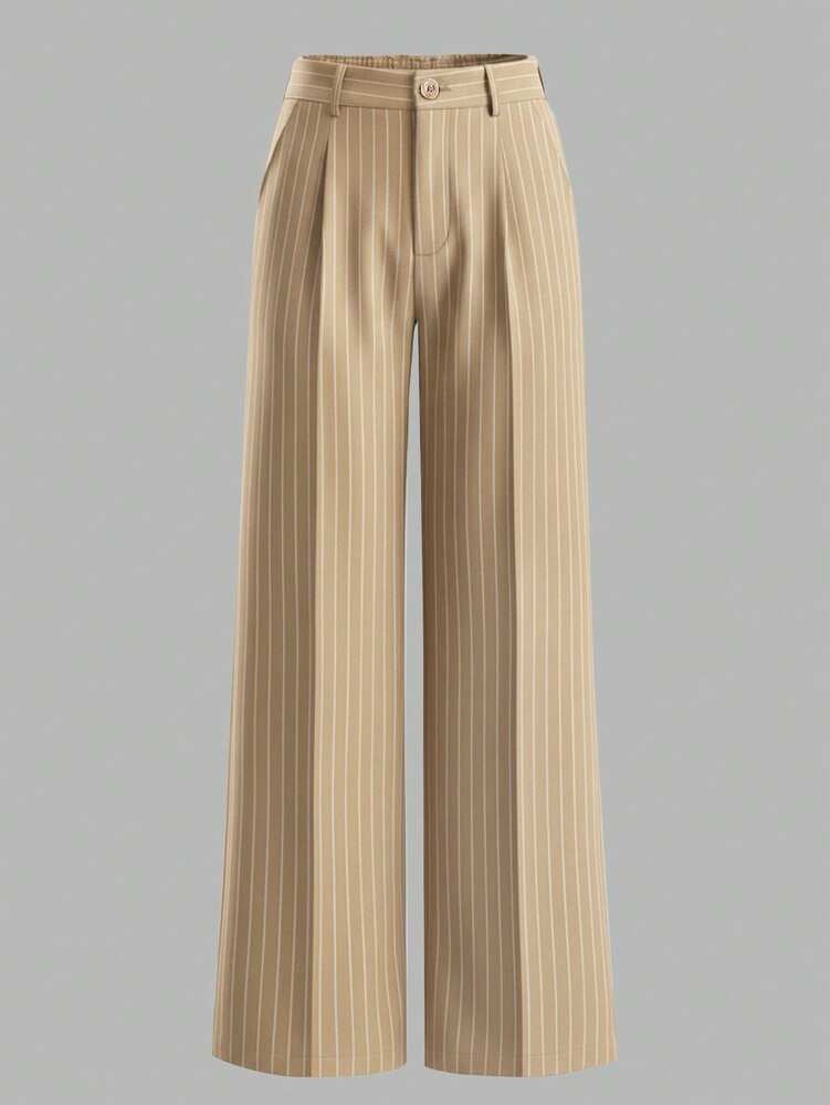 Pinstripe Wide Leg Tailored Office Pants - Khaki