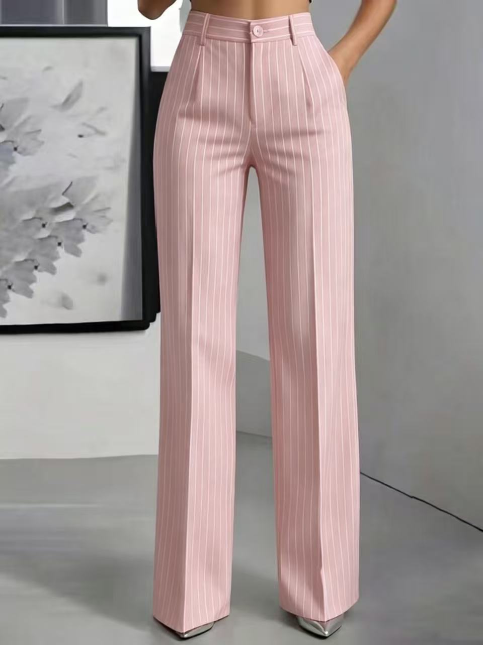 Pinstripe Wide Leg Tailored Office Pants - Pink