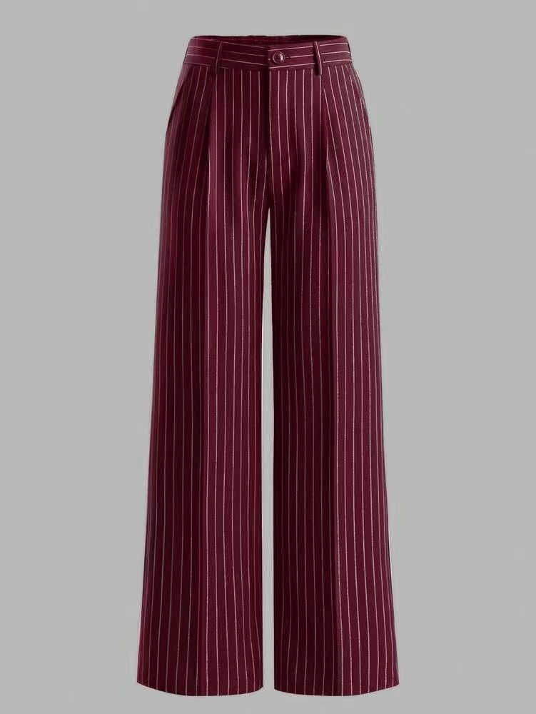 Pinstripe Wide Leg Tailored Office Pants - Red