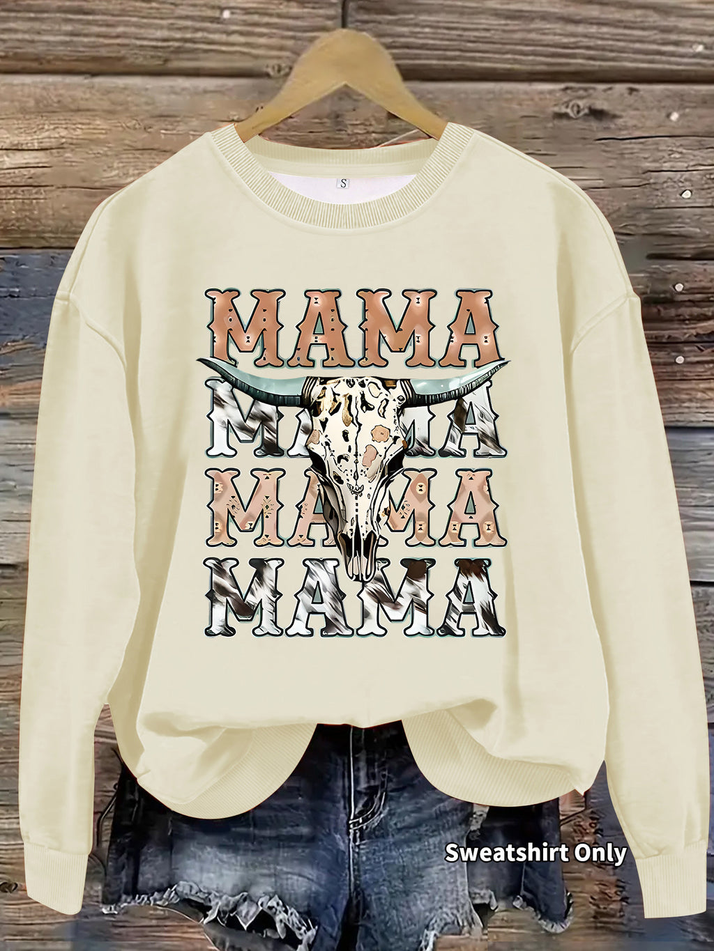 Mama Bull Skull Cow Print Crew Sweatshirt - Apricot