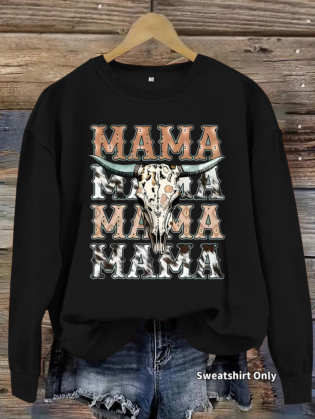 Mama Bull Skull Cow Print Crew Sweatshirt - Black