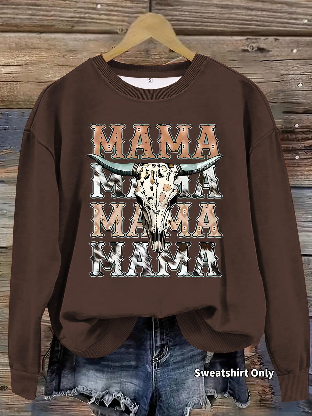 Mama Bull Skull Cow Print Crew Sweatshirt - Coffee