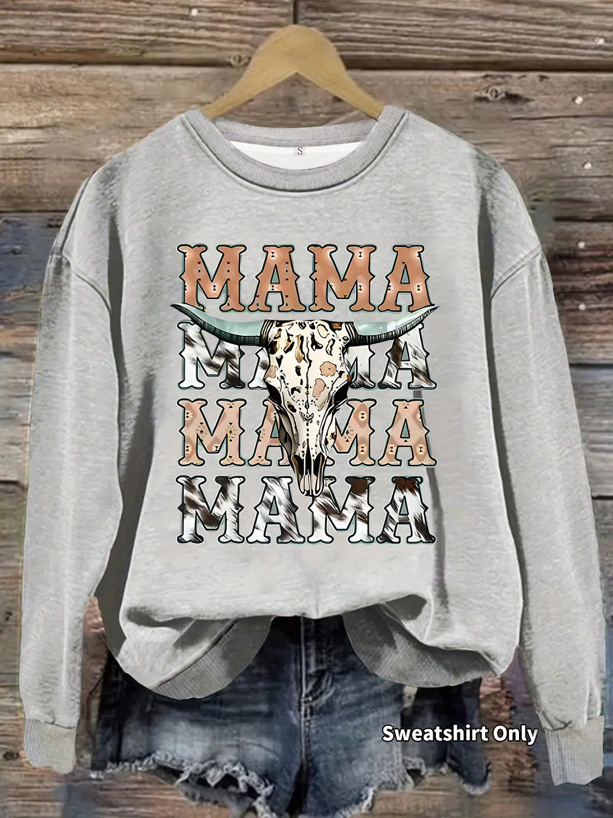 Mama Bull Skull Cow Print Crew Sweatshirt - Grey