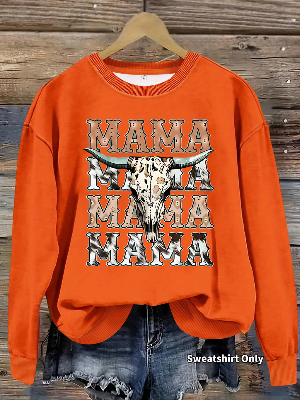 Mama Bull Skull Cow Print Crew Sweatshirt - Orange