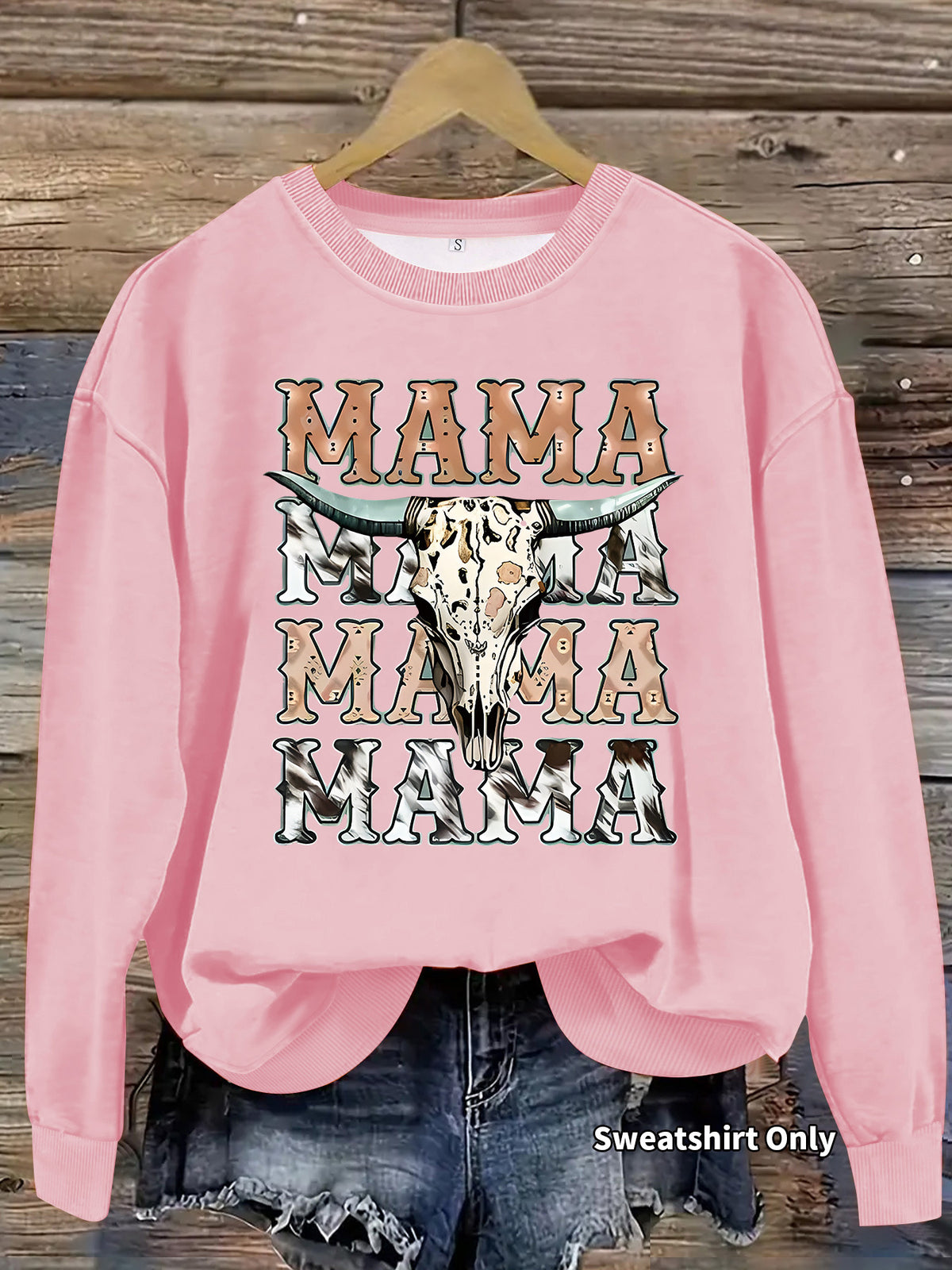 Mama Bull Skull Cow Print Crew Sweatshirt - Pink