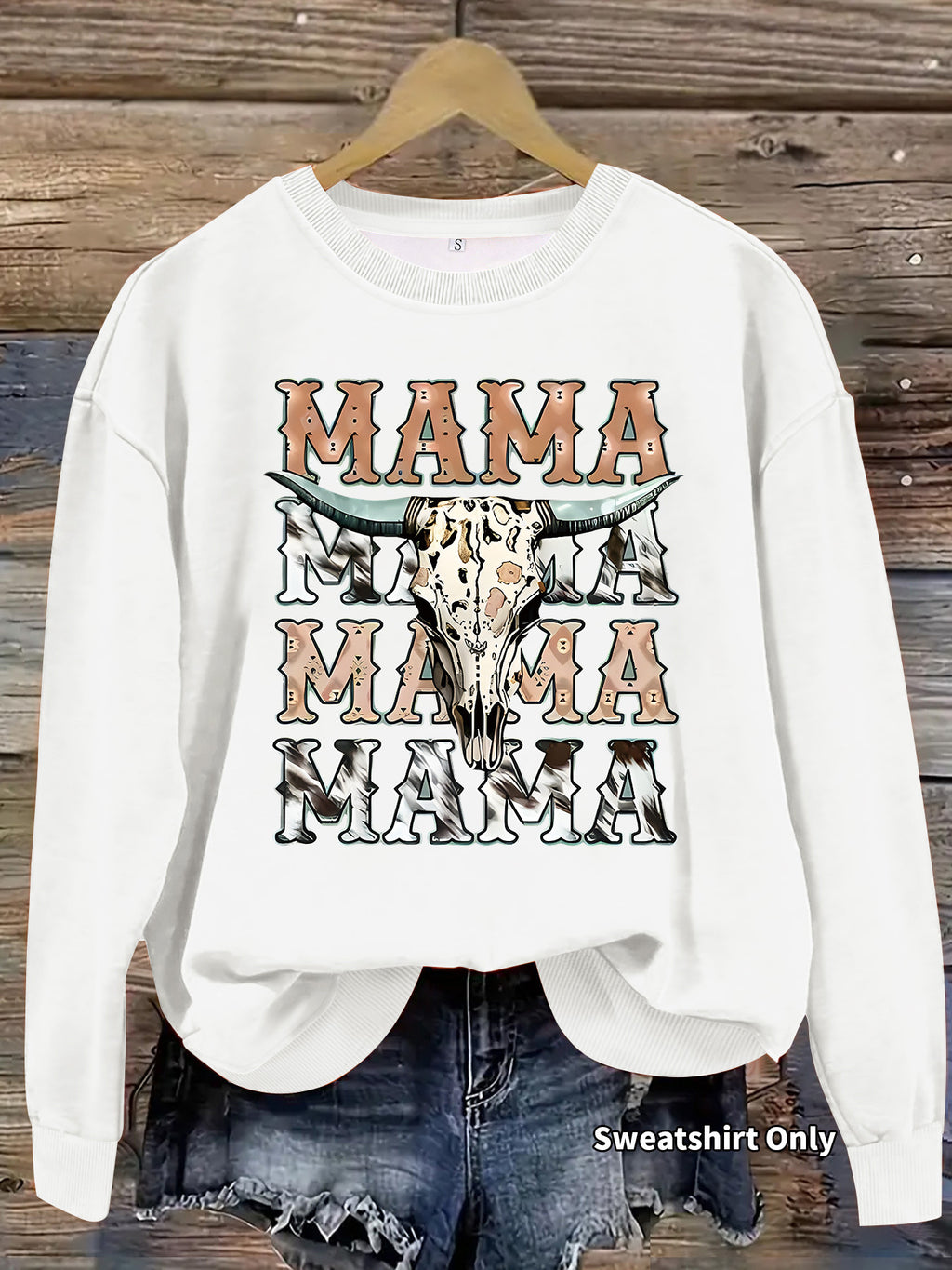 Mama Bull Skull Cow Print Crew Sweatshirt - White
