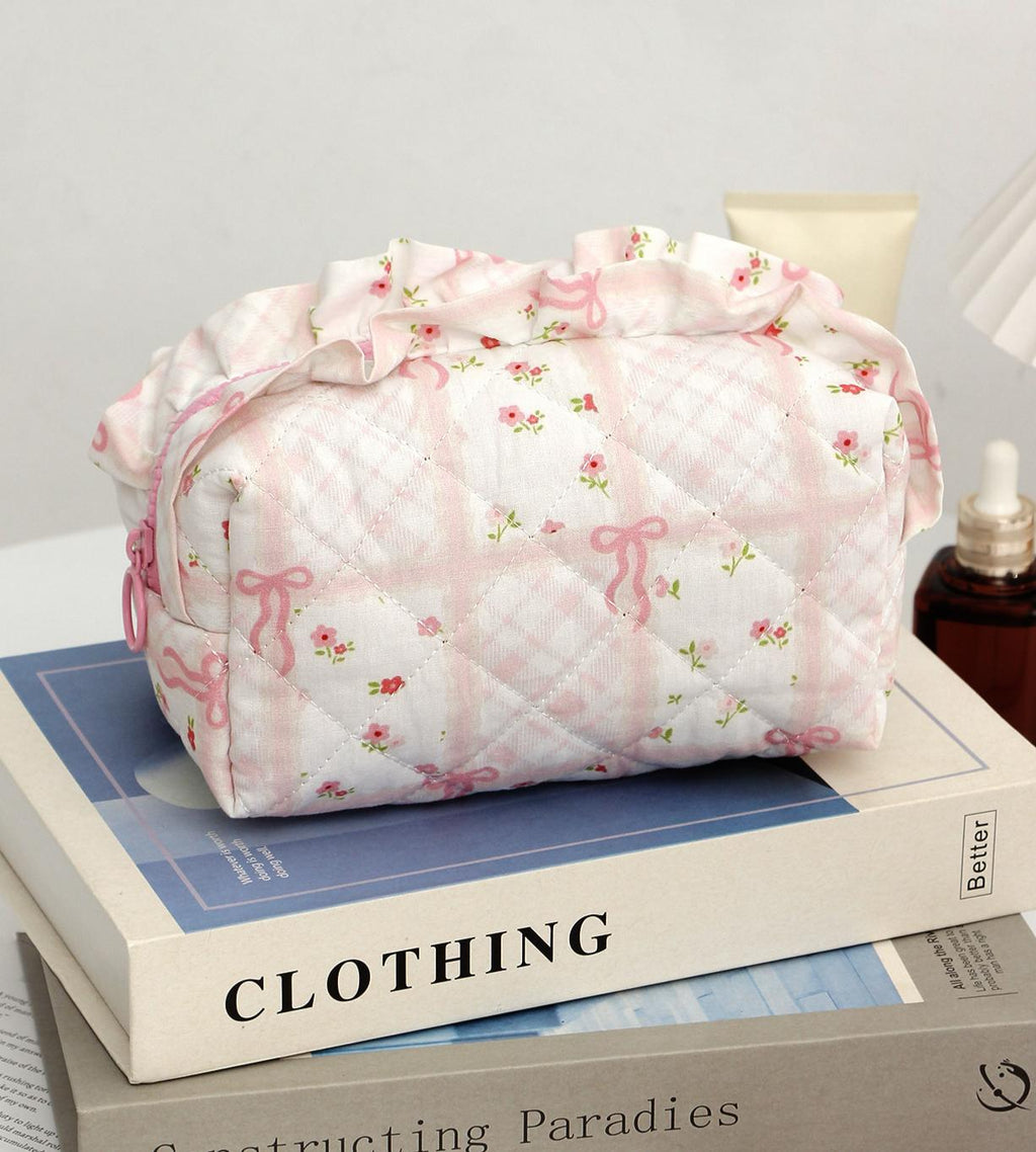 Ruffle Trim Quilted Floral Cosmetic Pouch - Grid - 1