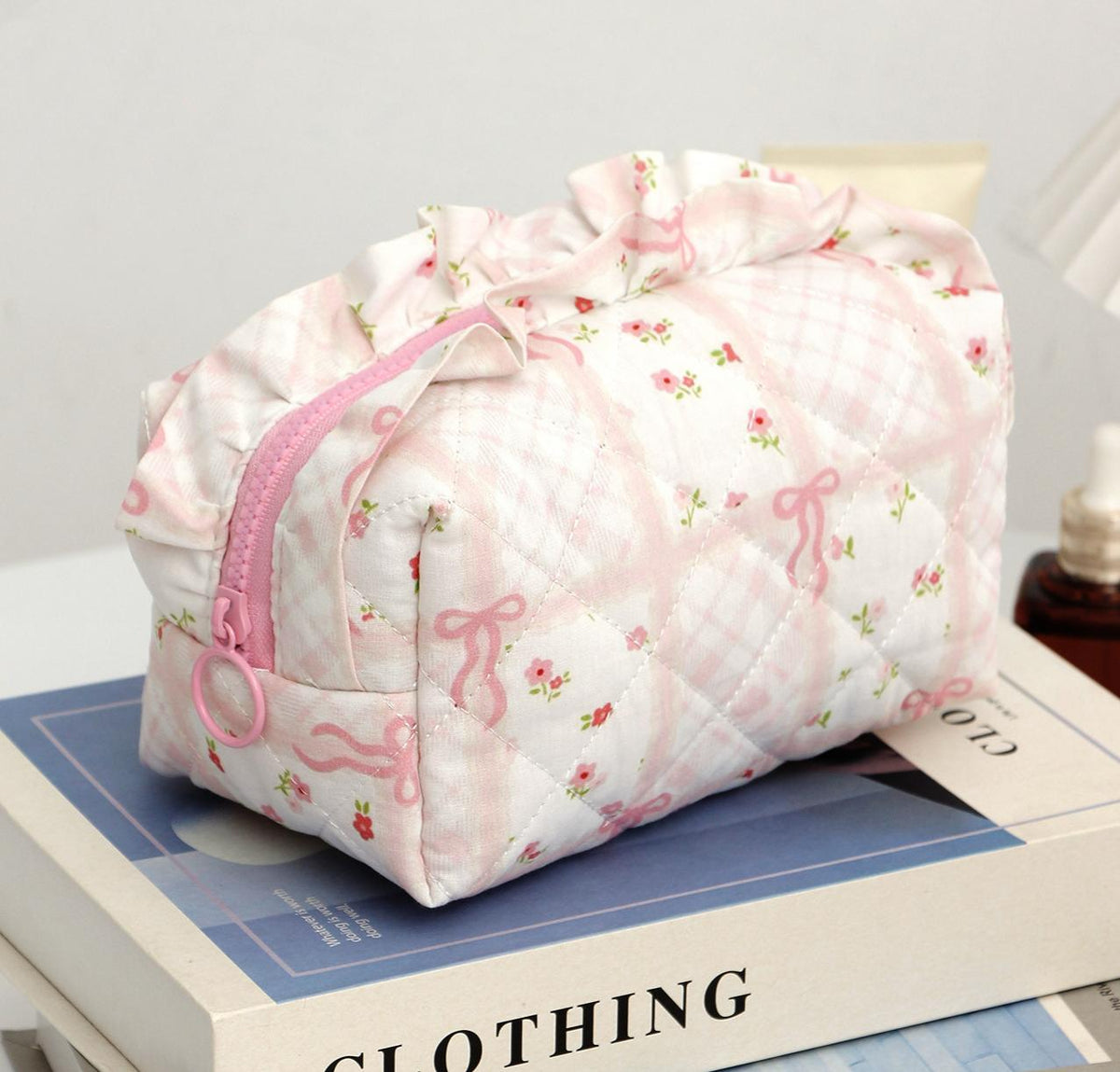 Ruffle Trim Quilted Floral Cosmetic Pouch - Grid - 3
