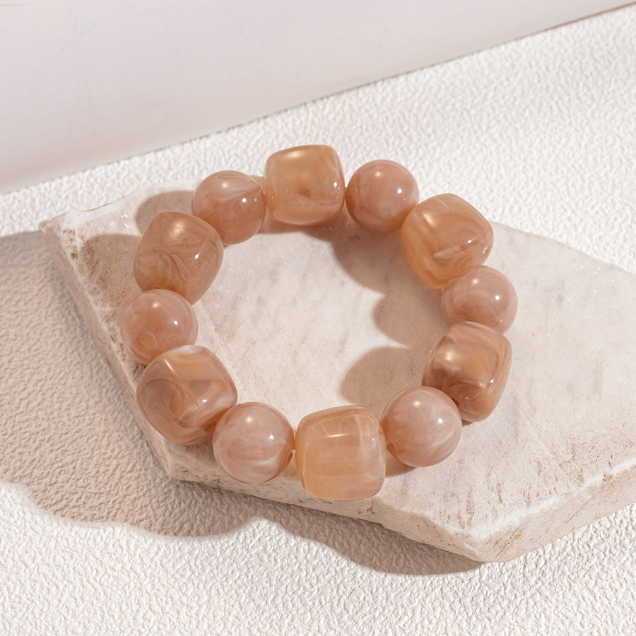 Chunky Marbled Beaded Bracelet With Retro Cube Beads - Coffee